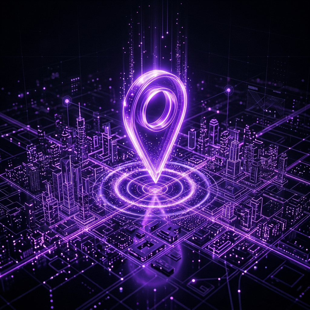 Glowing violet map pin on digital city grid