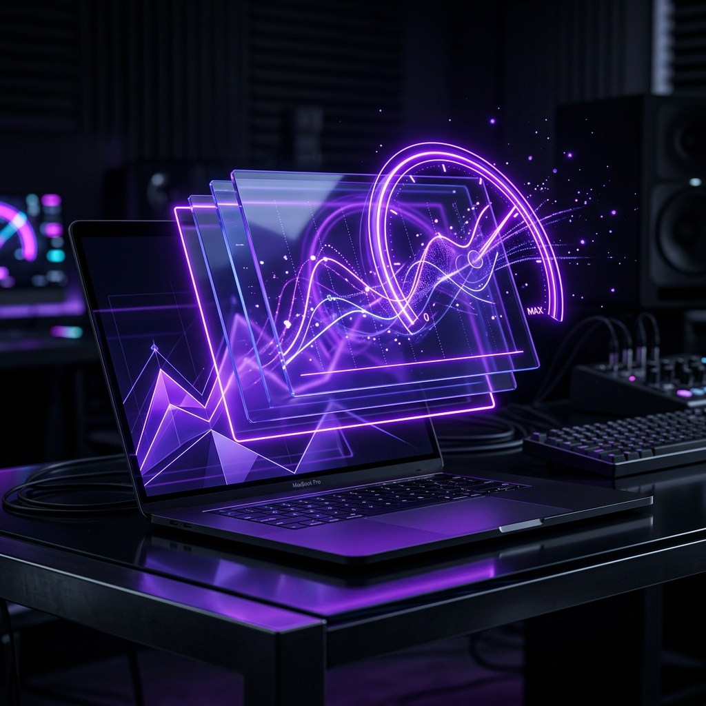 Glowing violet speedometer representing website performance